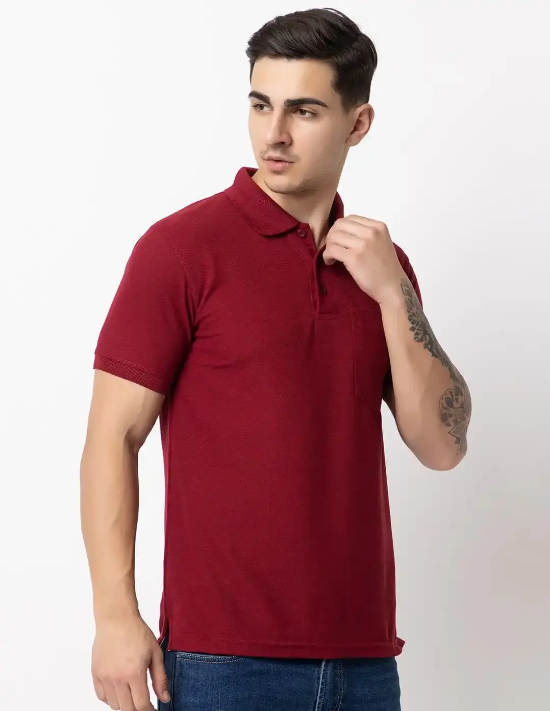 Solid Dark Red Plain Men's Polo T-Shirt - Image 2