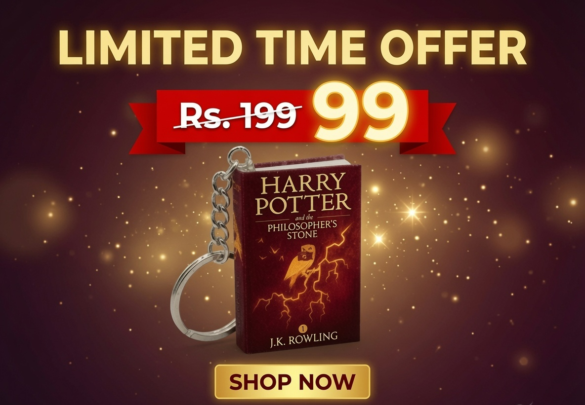 Limited time offer: Harry Potter book keychain on sale for 99 (was 199); shop now CTA visible.