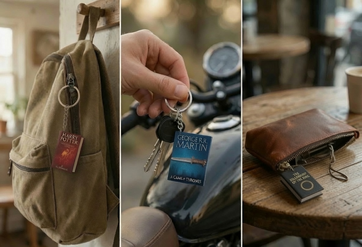 A three-panel collage: left shows a khaki backpack with a Harry Potter tag, center shows a hand holding keys on a motorcycle, right shows a brown leather wallet with a book-themed tag on a wooden table.