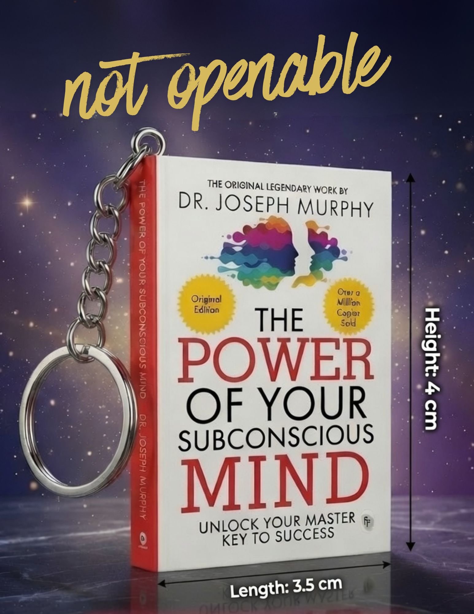 Promotional image showing a book titled 'The Power of Your Subconscious Mind' with a metal key ring against a starry purple background and orange script text above.