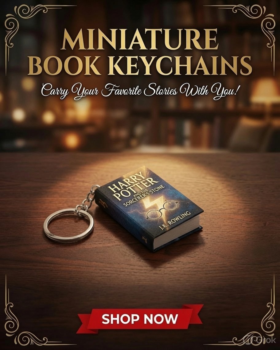 Promotional image of a tiny Harry Potter book keychain on a wooden table, with a dark, blurred library background and a red 'SHOP NOW' banner.