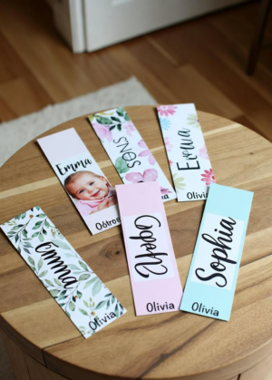Colorful bookmarks with floral designs and names (Olivia, Emma, Sofia, Esme) spread on a round wooden table; one shows a baby's photo.