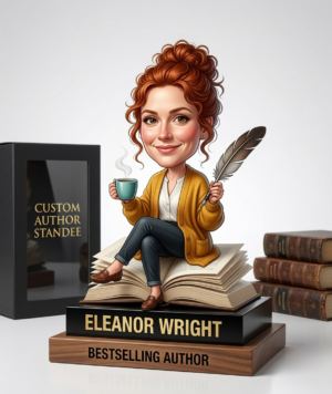 Caricatured author with red hair sits on open books, holding a coffee cup and a feather quill; shows the name 'ELEANOR WRIGHT' and 'BESTSELLING AUTHOR' on the base.
