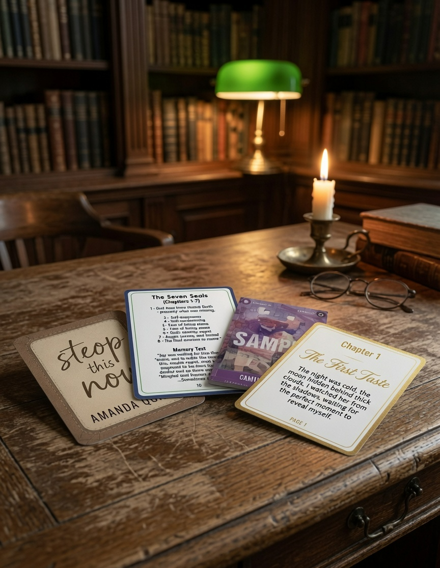 Four decorative book-themed cards spread on a worn wooden desk in a cozy library, with a green banker’s lamp, candle, and glasses in the background-to set a literary mood.