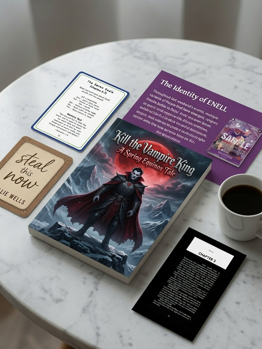 Round marble table with a fantasy paperback titled 'Kill the Vampire King', a purple flyer 'The Identity of ENEL', promo cards including a blue-bordered card and a 'Steal this now' card, a small sample card, a white coffee cup, and a black 'Chapter 3' bookmark on the table.