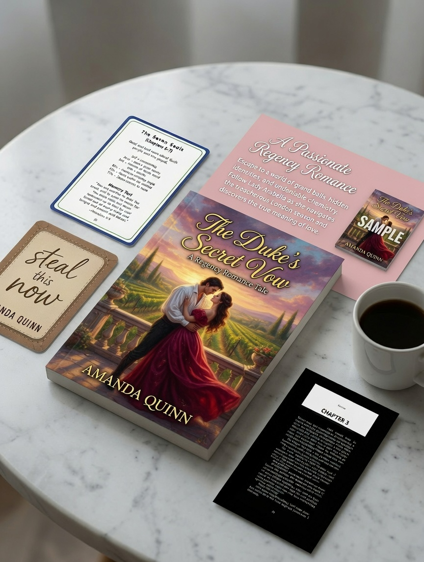 Flat lay of a romance novel titled 'The Duke's Secret Now' on a marble table with promo cards and a cup of coffee nearby.