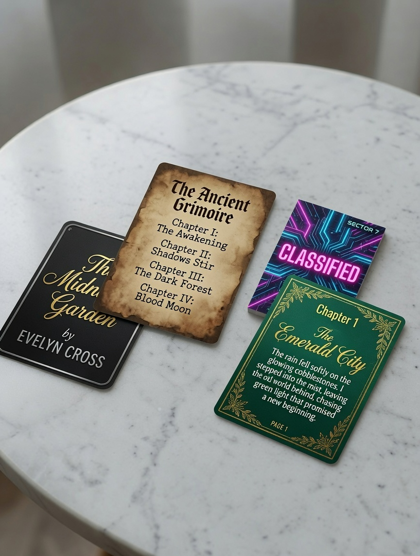Four decorative book cards spread on a marble table: a parchment-style 'The Ancient Grimmoire' contents card, a black 'The Midnight Garden' card, a neon purple 'CLASSIFIED' card, and a green 'Chapter 1 The Emerald City' card with gold border.