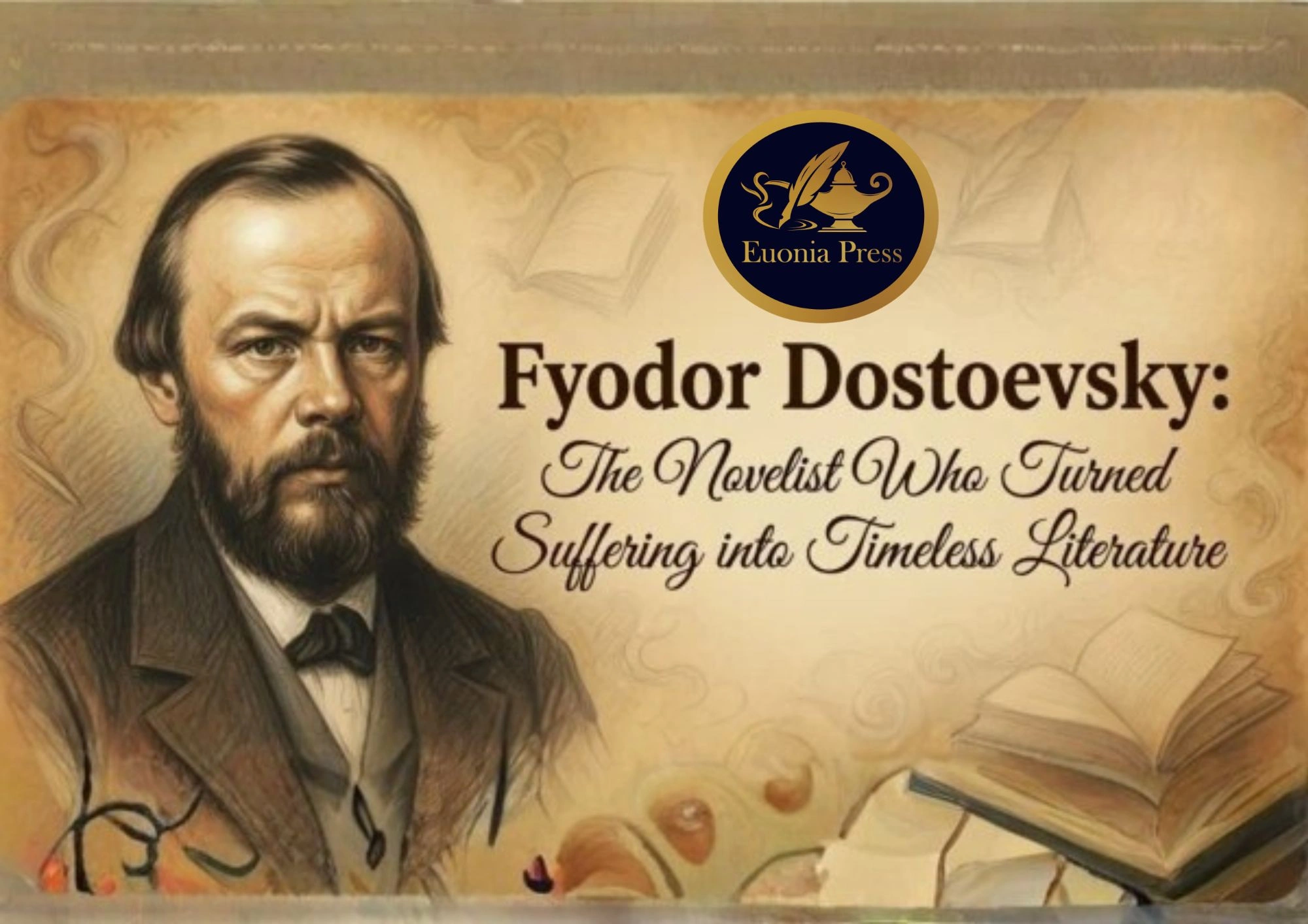 Book cover featuring a portrait of Fyodor Dostoevsky with a 'Euonia Press' seal and the title 'Fyodor Dostoevsky: The Novelist Who Turned Suffering into Timeless Literature'