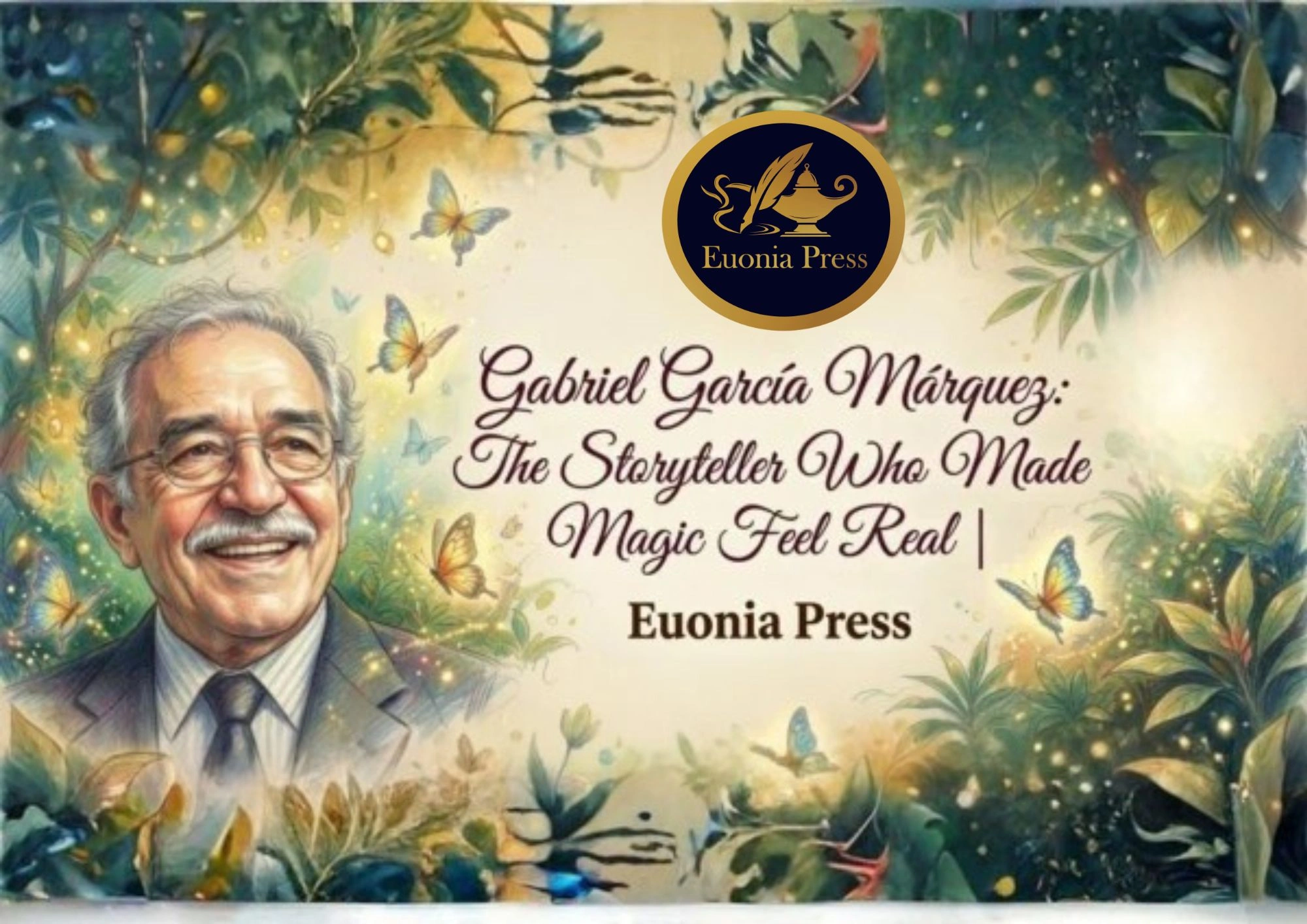 Cover of a book about Gabriel García Márquez featuring his portrait, decorative butterflies and the Euonia Press logo with a gold-blue circle motif.