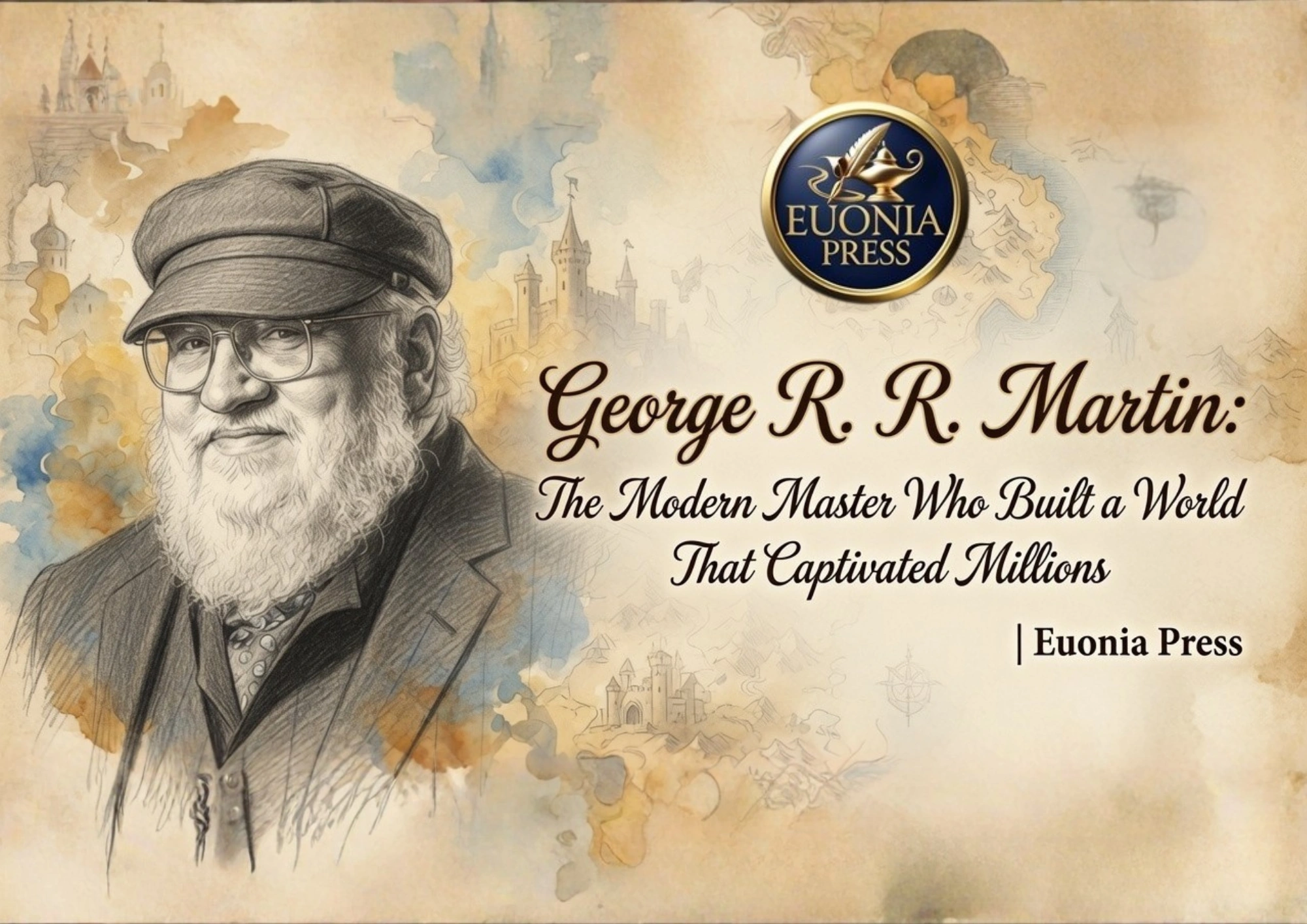 Sketch of George R.R. Martin wearing a cap and glasses, set against a parchment map with the Euonia Press emblem.