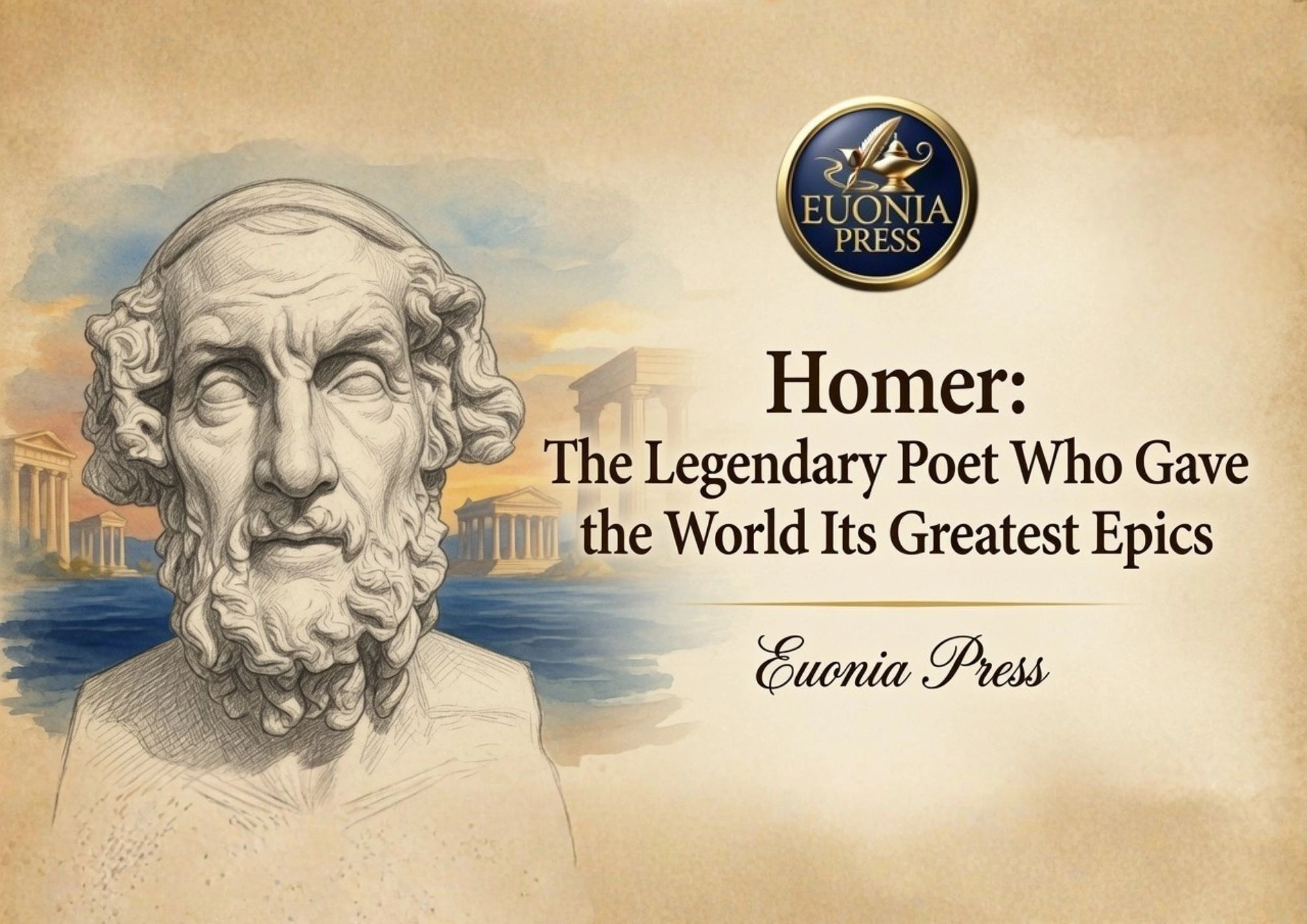 Sketch of Homer’s bust against ancient ruins with Euonia Press logo and the title about his epics.