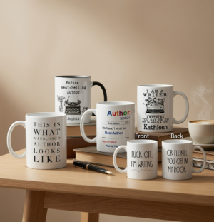 A desk scene with several white mugs featuring humorous author quotes and drawings, placed on stacked books with a pen nearby.