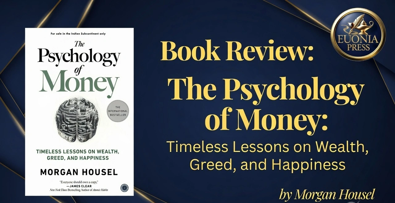 Book cover of The Psychology of Money by Morgan Housel, featuring a brain illustration on white background and gold title on a dark blue promotional banner