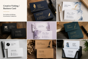 Collage of creative business cards for authors and writers (ecommerce collection).