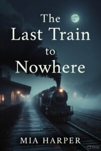 Book cover showing a steam locomotive at a foggy, moonlit train platform with a smoky sky; title reads 'The Last Train to Nowhere' and author 'Mia Harper' at bottom.