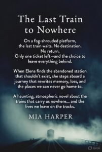 Book cover for 'The Last Train to Nowhere' with misty railroad tracks and a distant locomotive; author Mia Harper.