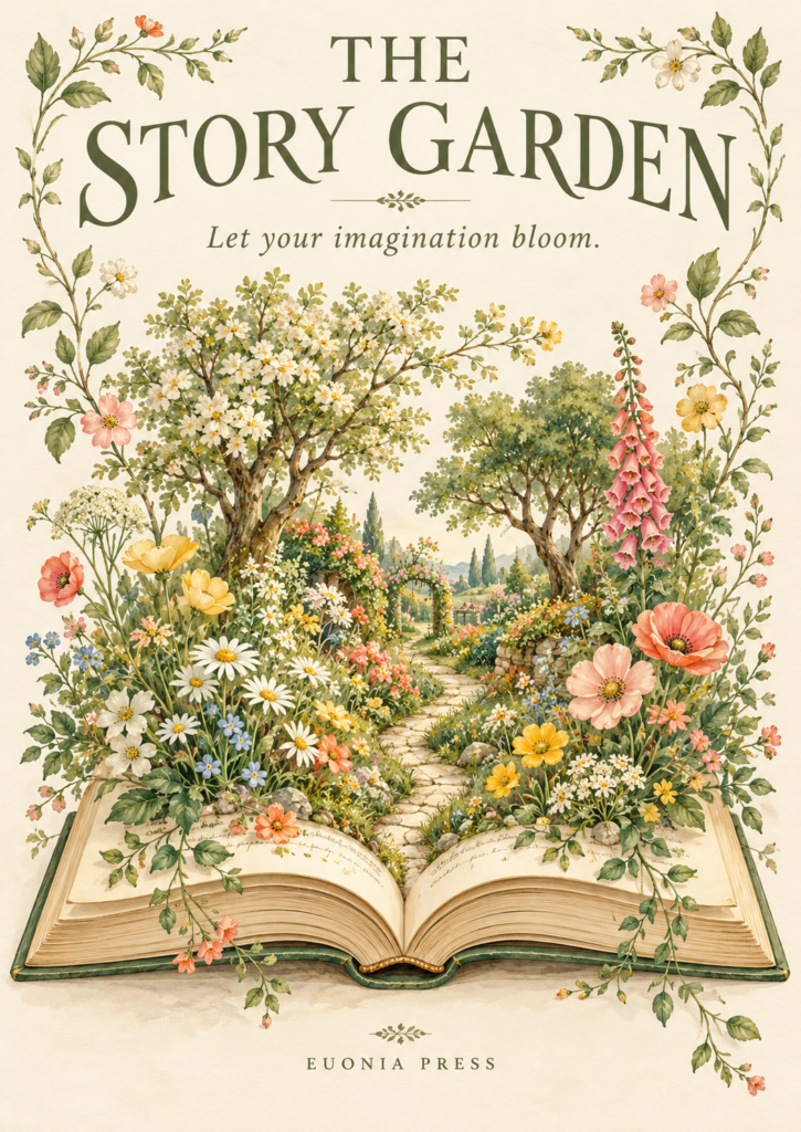 The Story Garden poster showing an open book blooming into a colourful garden, with the words “Let your imagination bloom.”