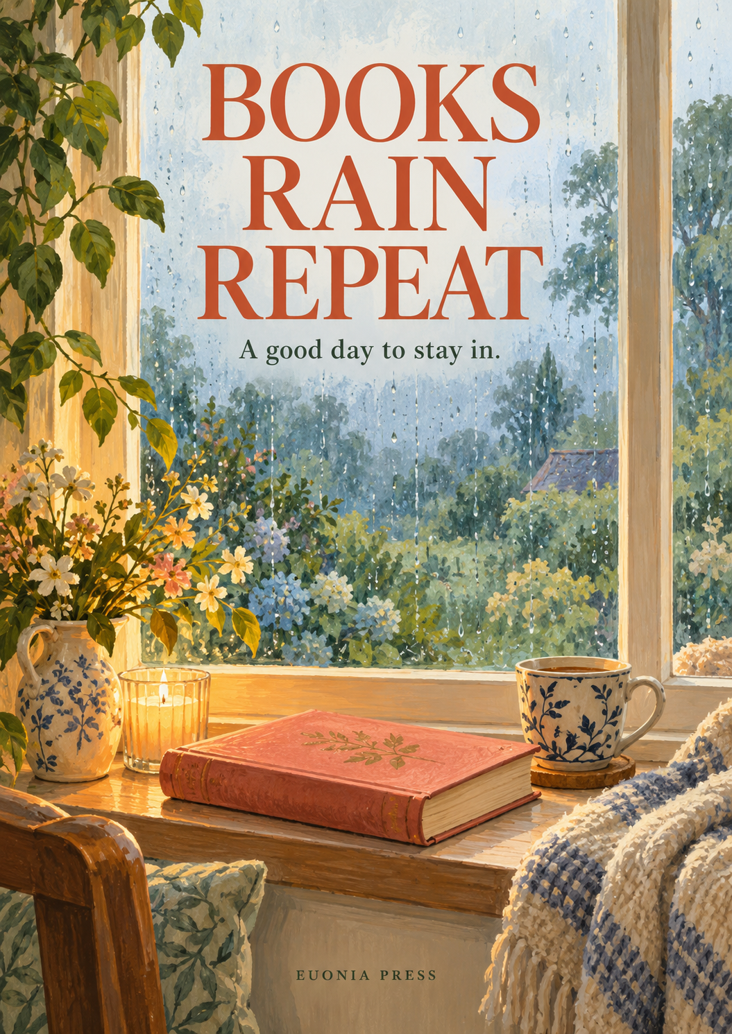 Books Rain Repeat poster with a coral book, tea and flowers beside a rain-streaked window.