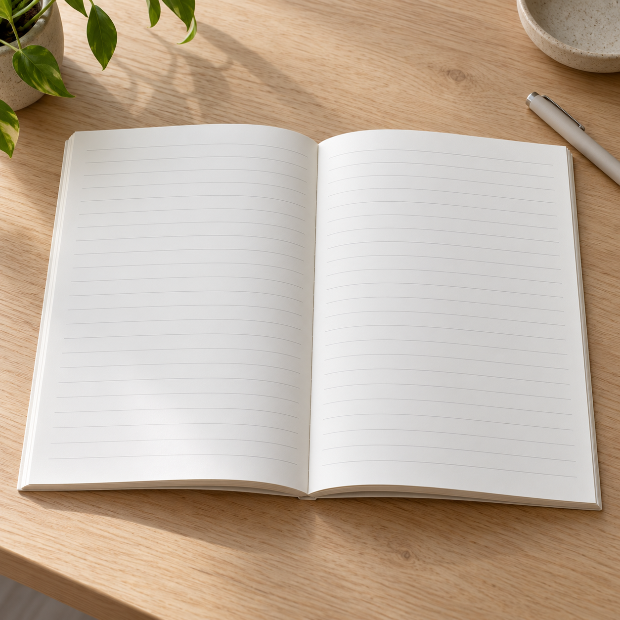 Open A5 softcover notebook showing plain ruled inner pages
