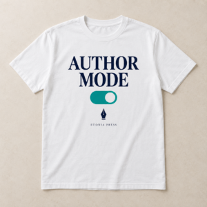Author Mode T-Shirt by Euonia Press, white cotton tee with navy lettering, teal toggle switch and pen nib