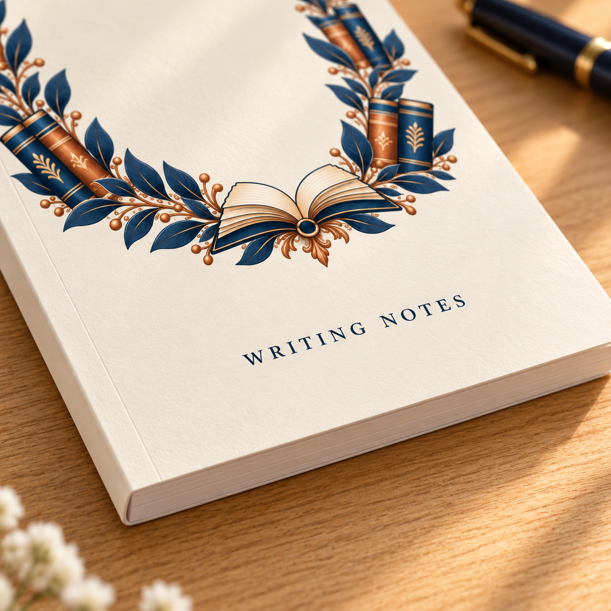 Close-up of the personalised author notebook softcover, printed book crest and paper edge