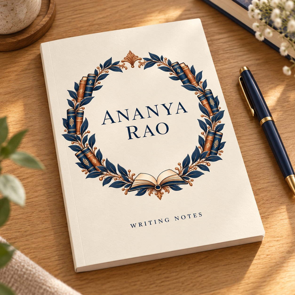 Personalised Author Notebook with Ananya Rao sample name inside a navy and copper book wreath