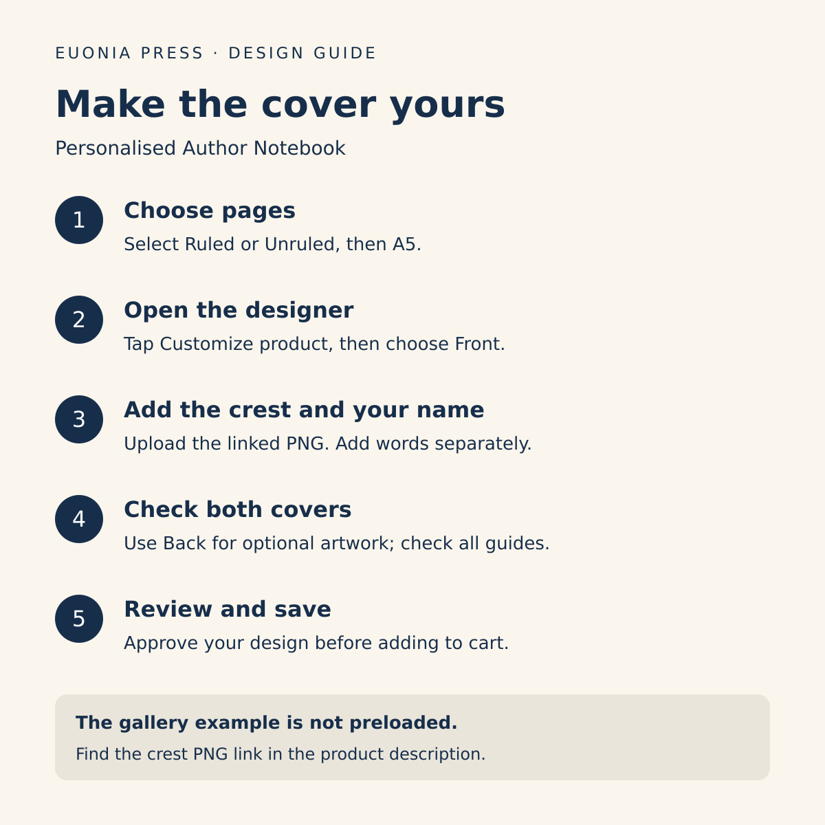 Five steps to customise the author notebook cover using the crest PNG and separate editable text