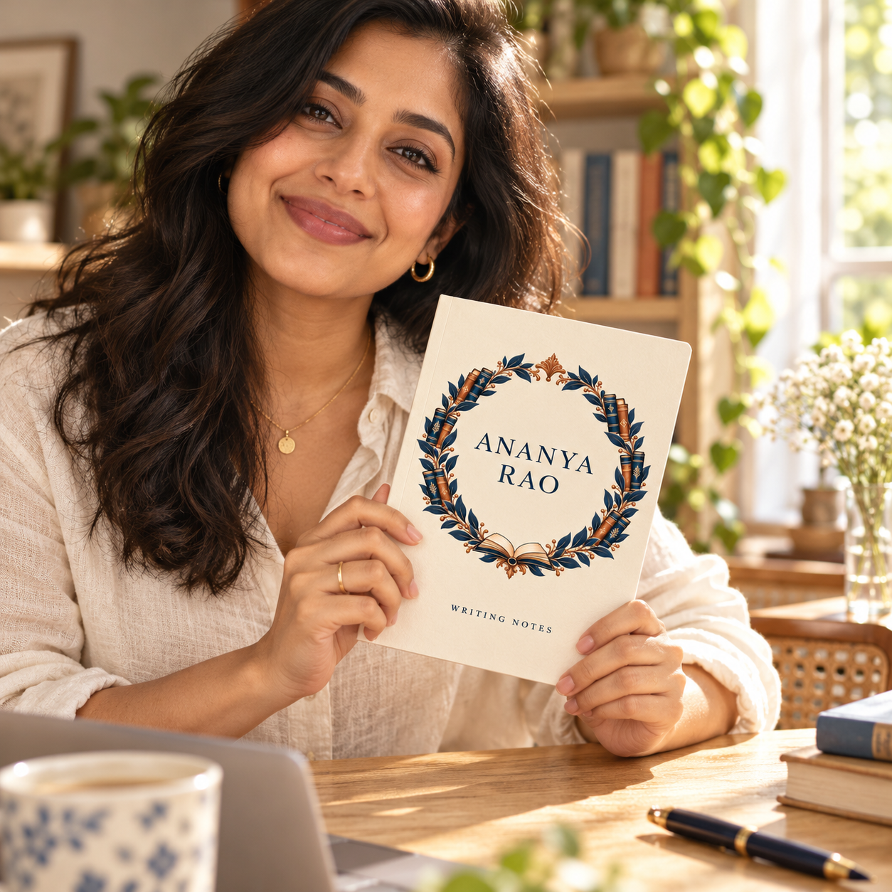 Writer holding a personalised author notebook with a navy book crest and sample name Ananya Rao