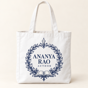 Personalised Author Tote Bag with navy pen crest and Ananya Rao example name