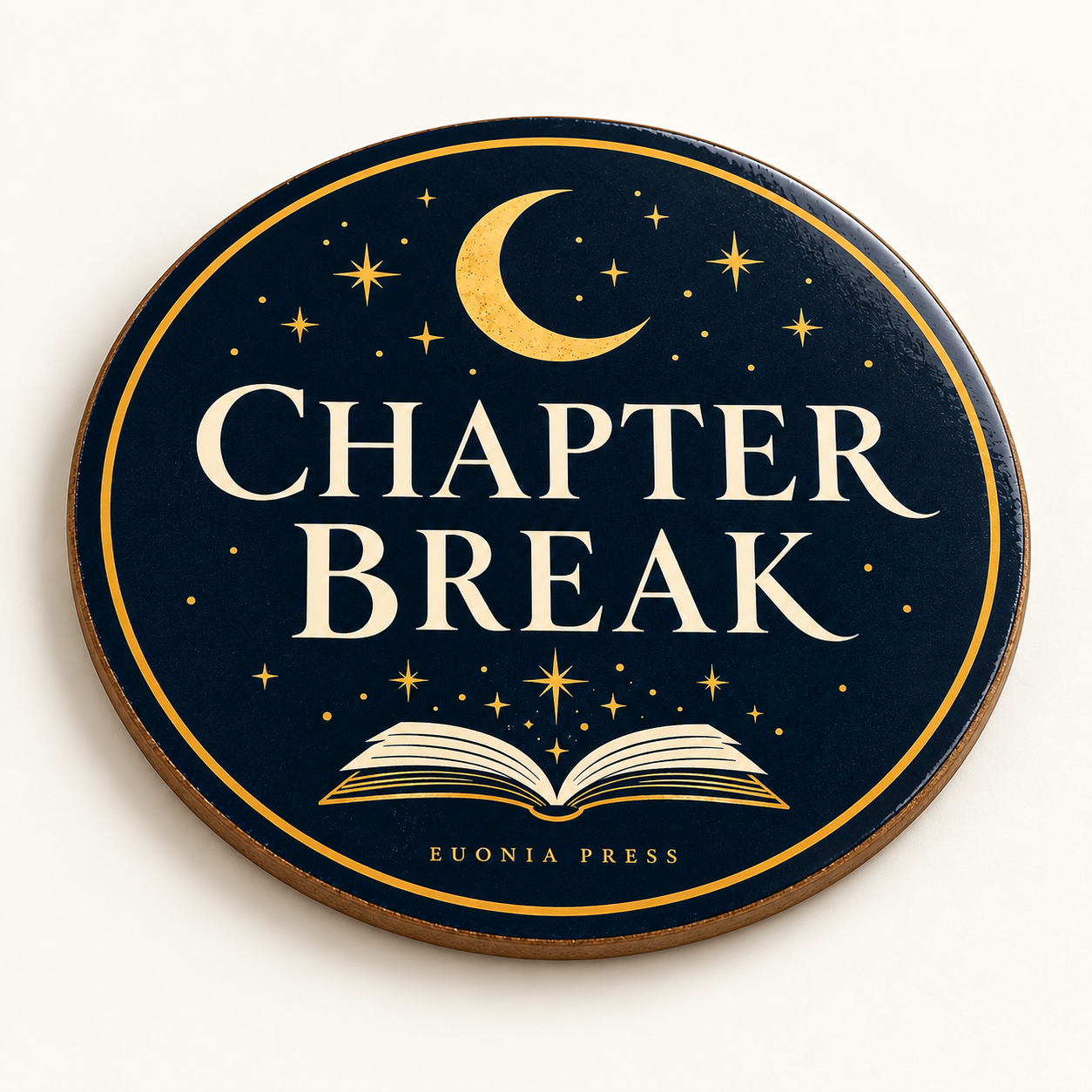 Chapter Break Coaster close-up showing navy artwork, glossy printed front and MDF edge