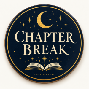 Chapter Break Coaster by Euonia Press — round navy moon-and-book design, front view