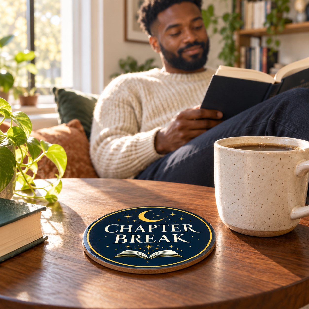 Chapter Break Coaster beside coffee with a reader enjoying a book