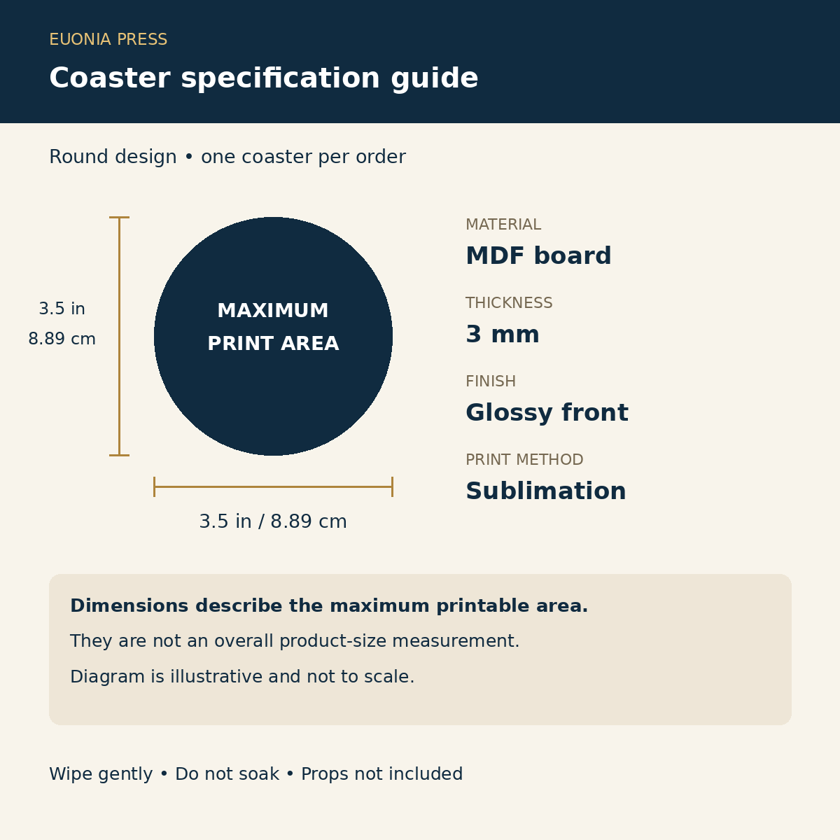 Chapter Break Coaster specifications and maximum printable area
