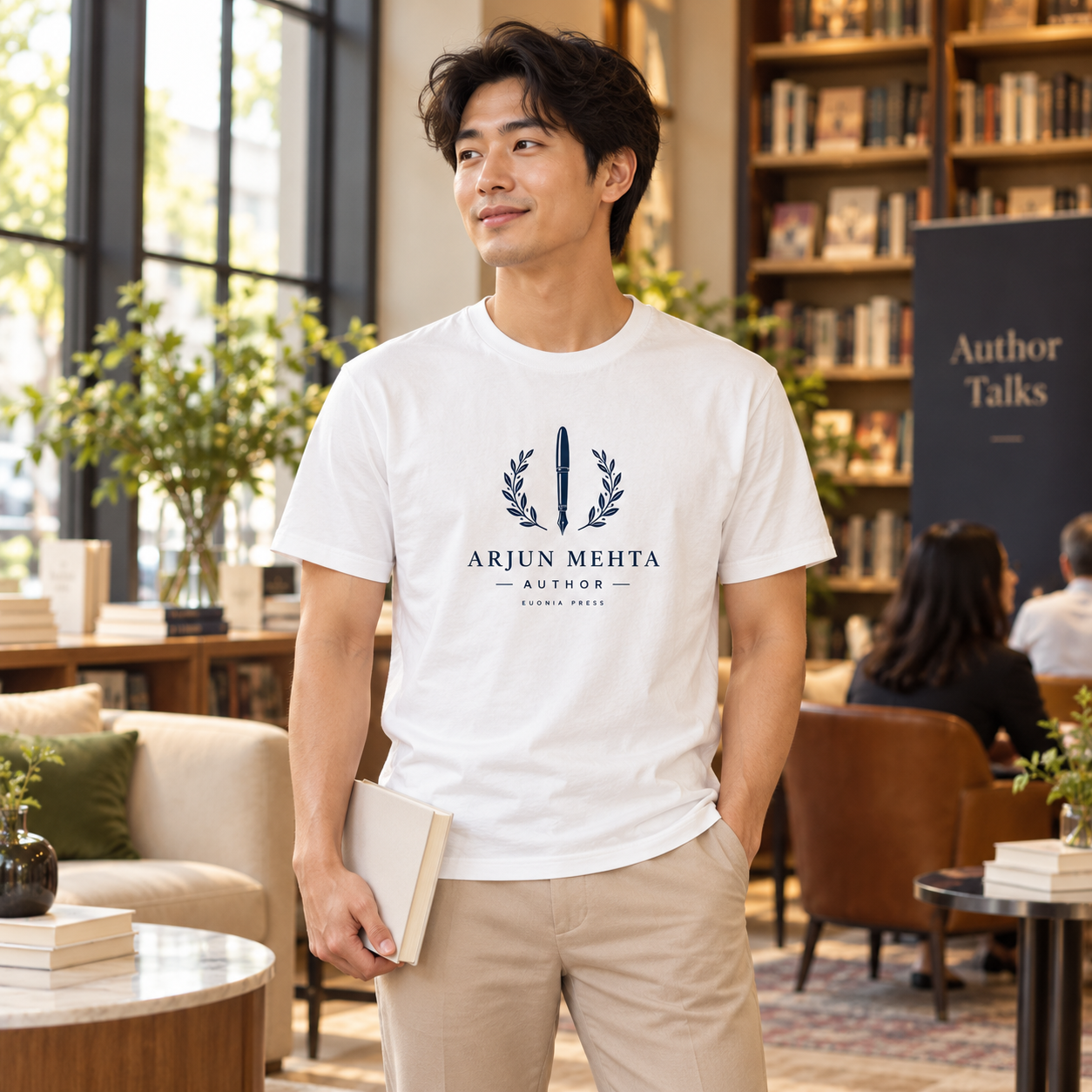 Authors wearing sample personalised author name T-Shirts in a bookshop