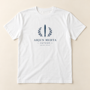 Personalised Author Name T-Shirt by Euonia Press, sample navy pen crest and Arjun Mehta author name on white cotton