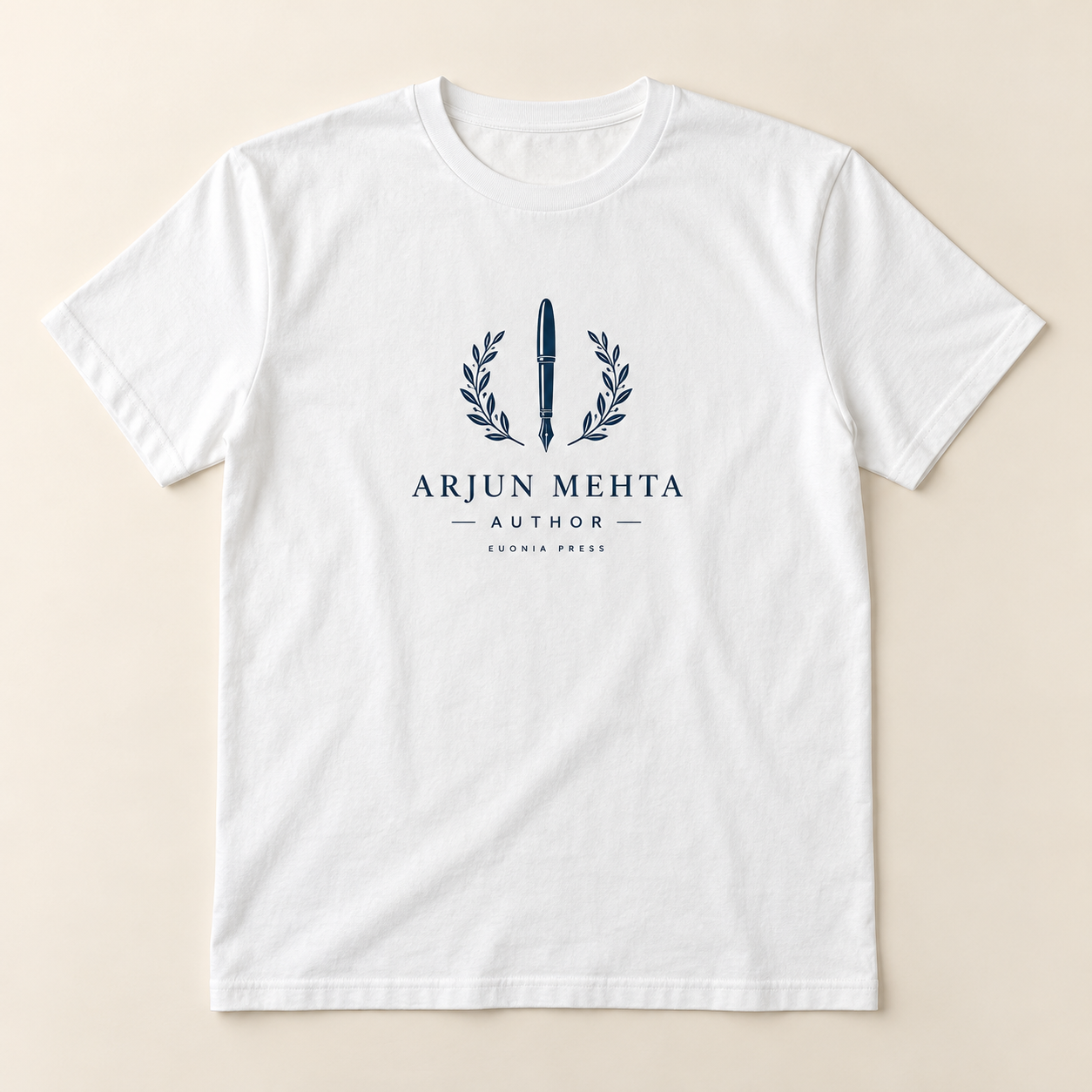 Personalised Author Name T-Shirt by Euonia Press, sample navy pen crest and Arjun Mehta author name on white cotton