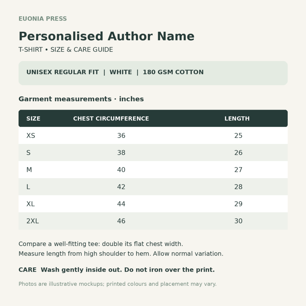 Personalised Author Name T-Shirt unisex size guide XS to 2XL chest and length in inches