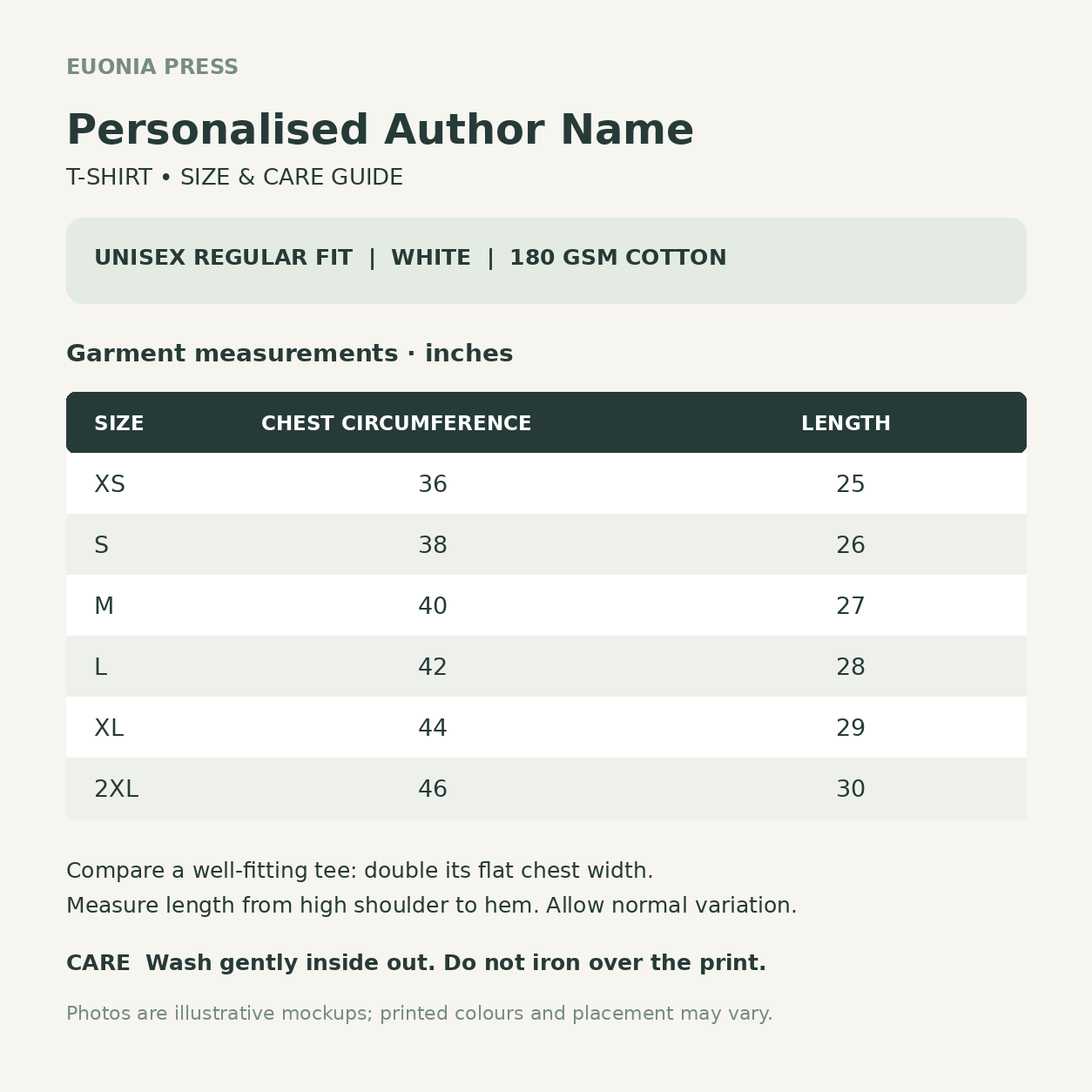 Personalised Author Name T-Shirt unisex size guide XS to 2XL chest and length in inches