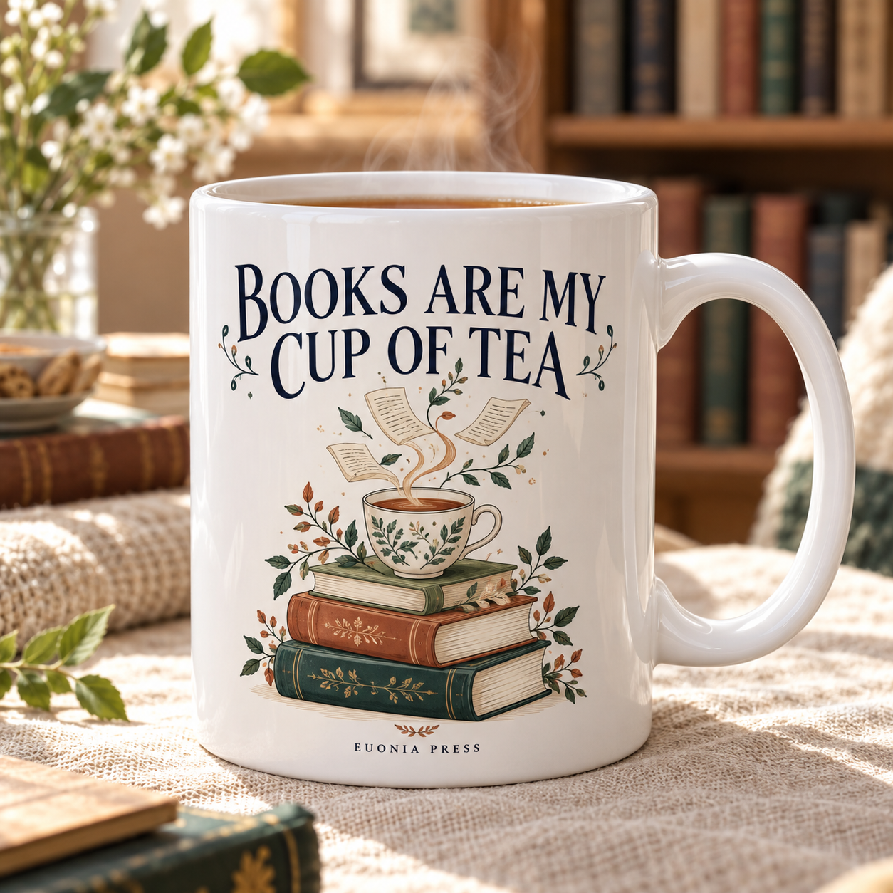 Books Are My Cup of Tea Mug — styled product mockup
