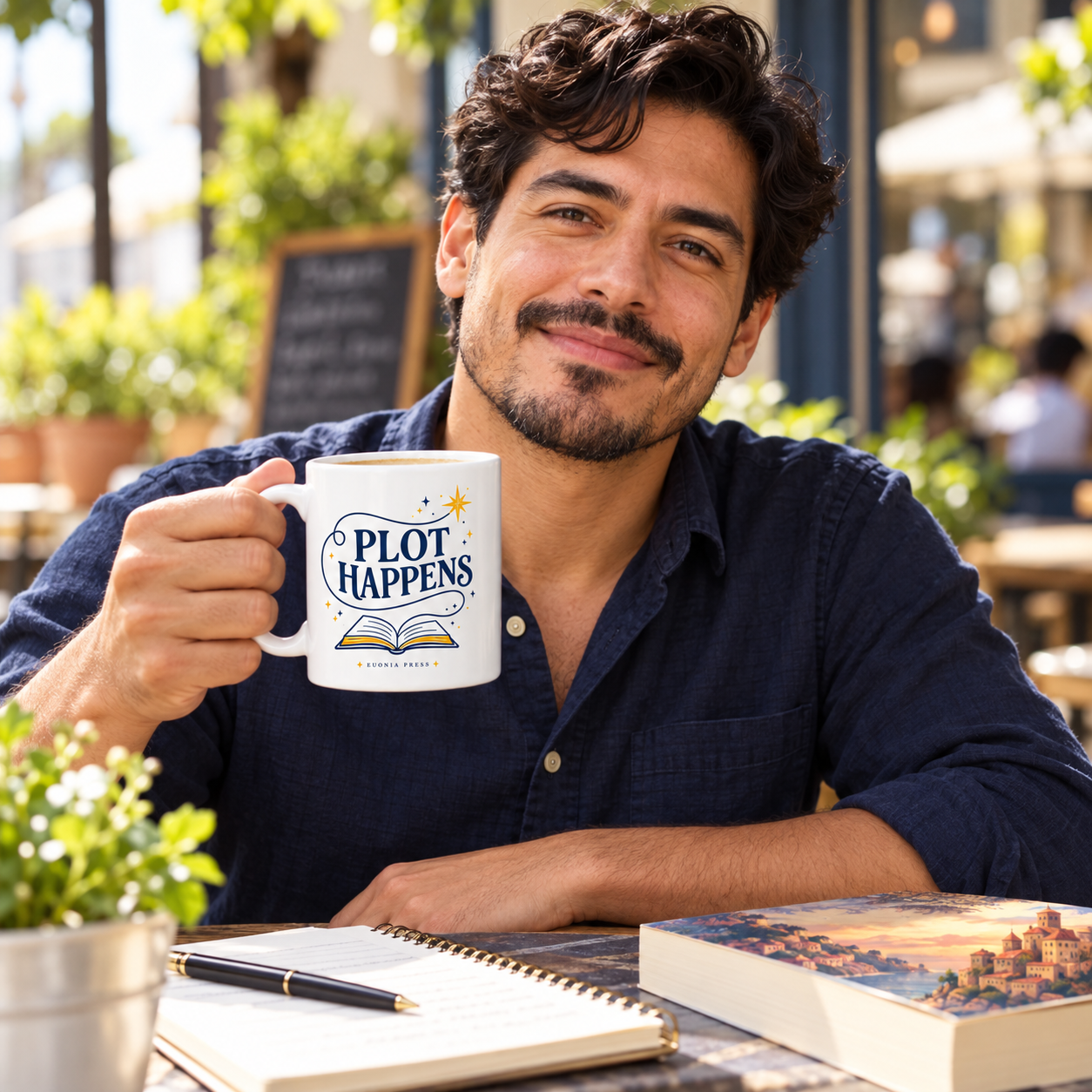 Plot Happens Mug by Euonia Press in use during a reading or writing break