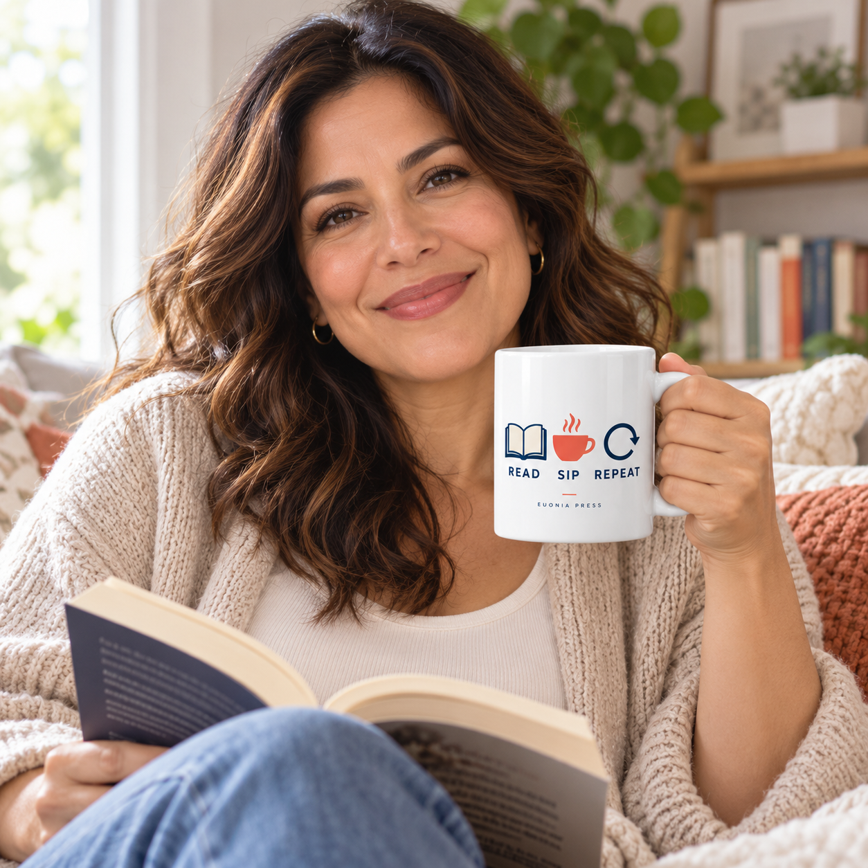 Read Sip Repeat Mug by Euonia Press in use during a reading or writing break