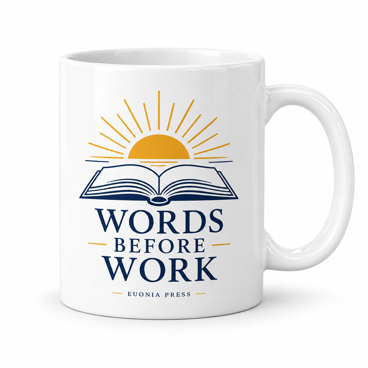 Words Before Work Mug by Euonia Press — front design
