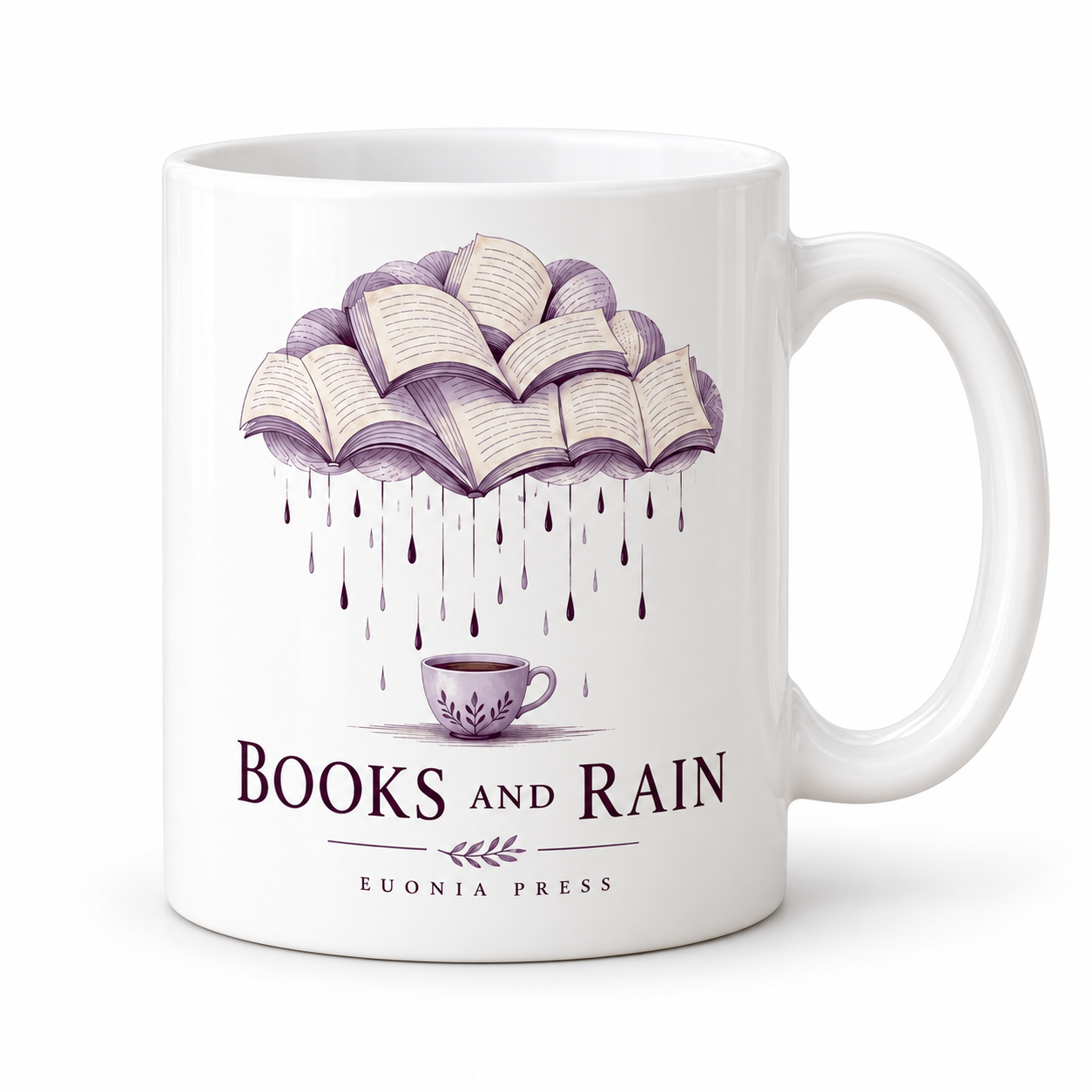Books and Rain Mug by Euonia Press — front design