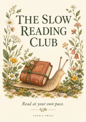 The Slow Reading Club poster: a snail carries a book among wildflowers beneath the words Read at your own pace.