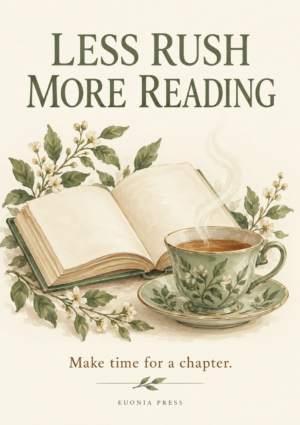 Less Rush More Reading poster with a sage-green teacup, an open book and delicate leafy branches.