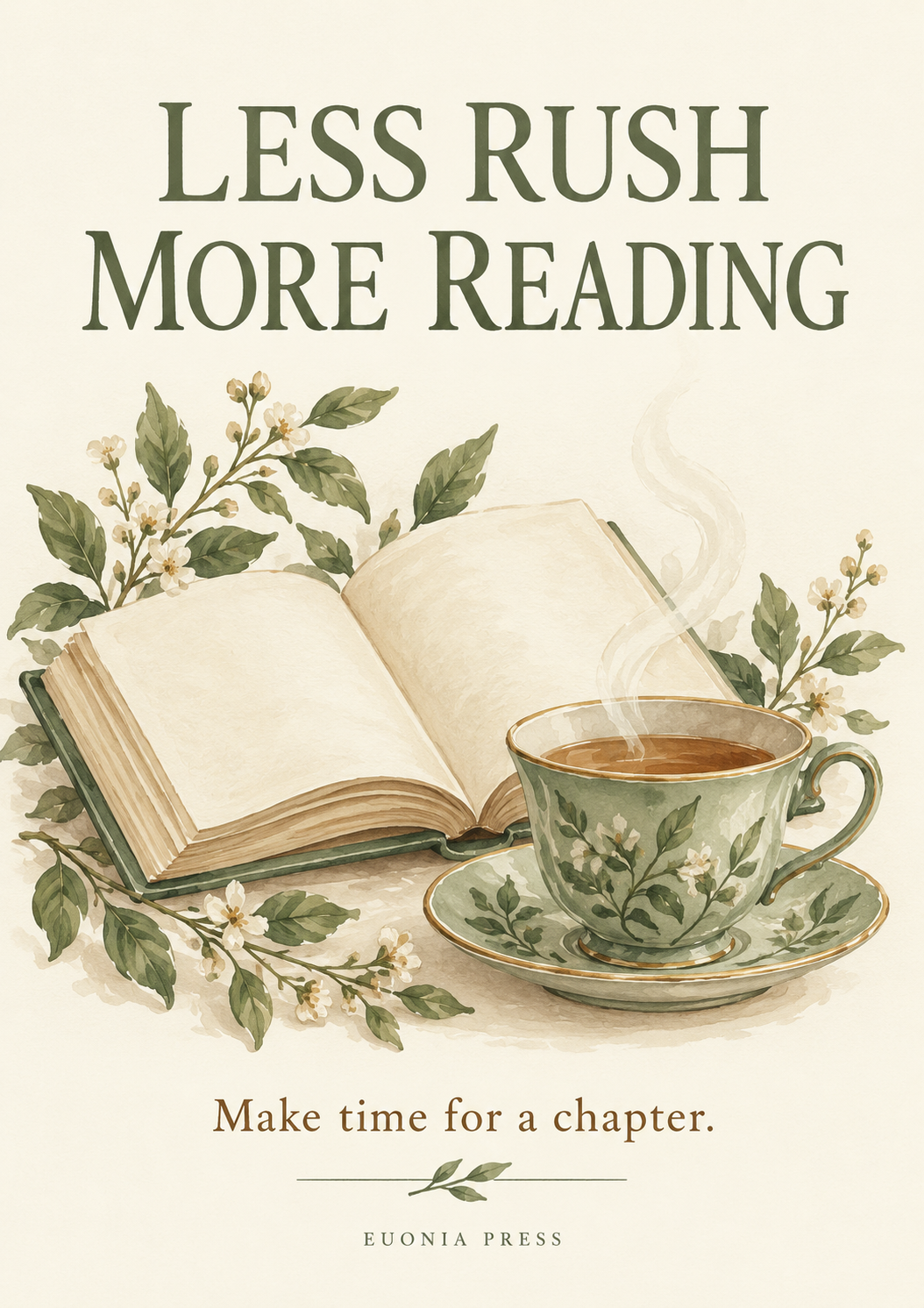 Less Rush More Reading poster with a sage-green teacup, an open book and delicate leafy branches.