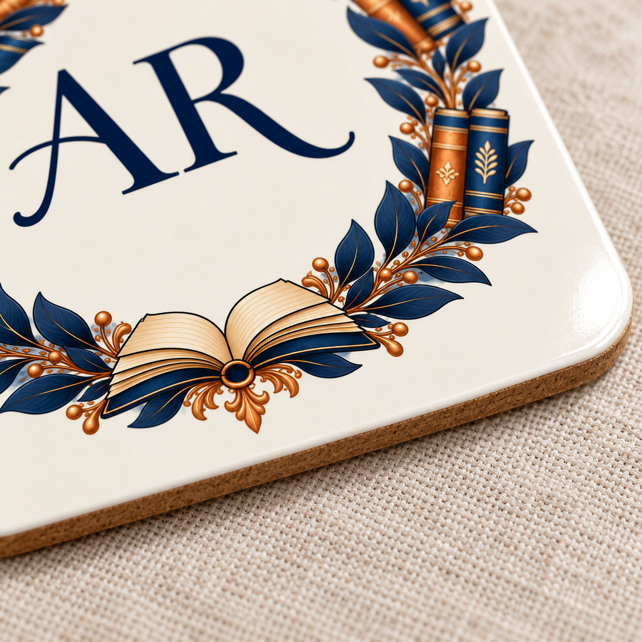 Close-up of the glossy printed front and thin MDF edge of the literary initials coaster
