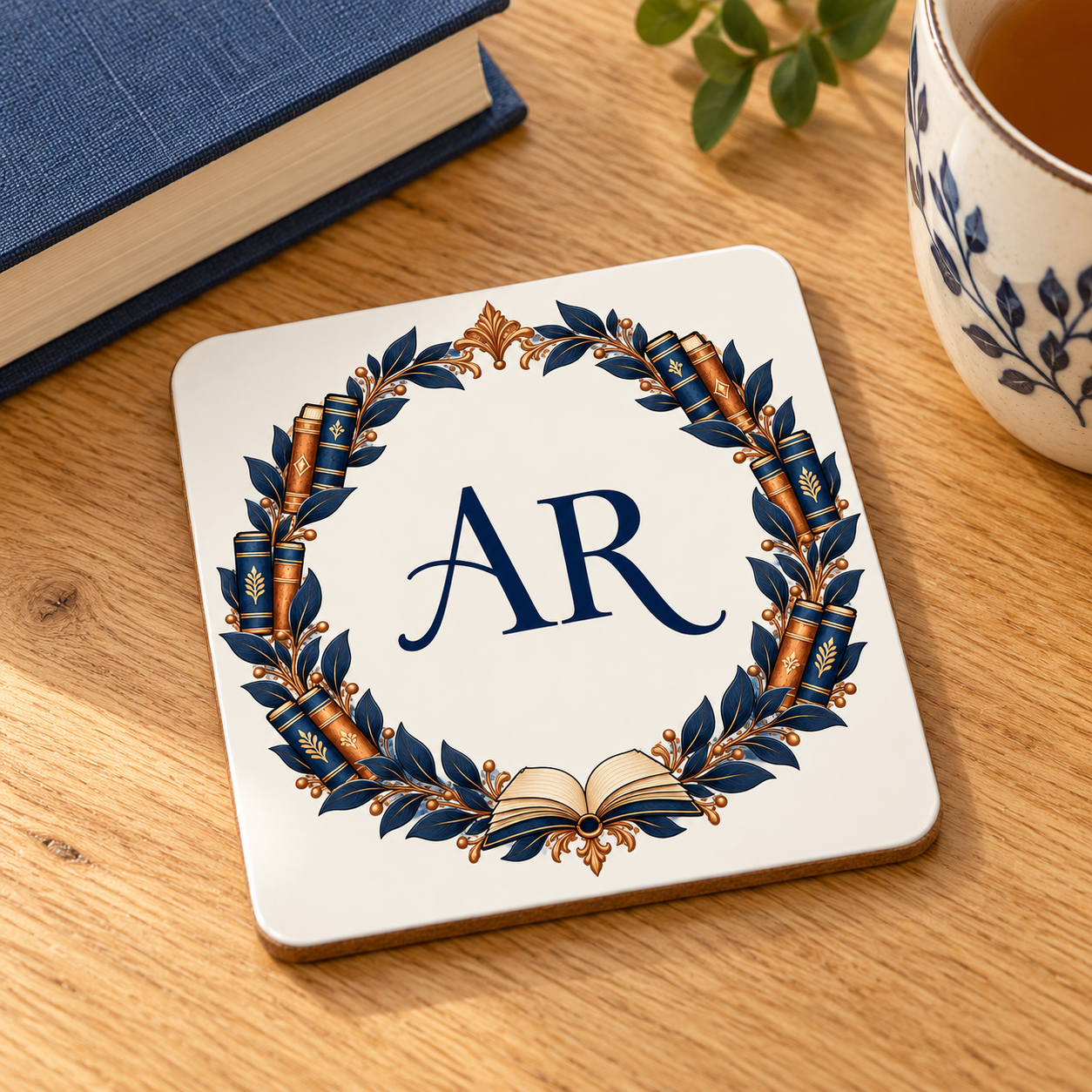 Personalised literary initials coaster with sample AR monogram