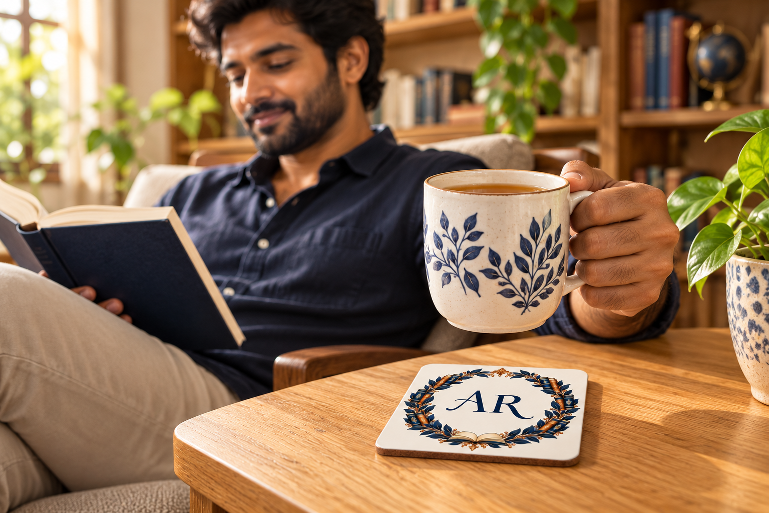 Reader enjoying tea beside a personalised literary initials coaster