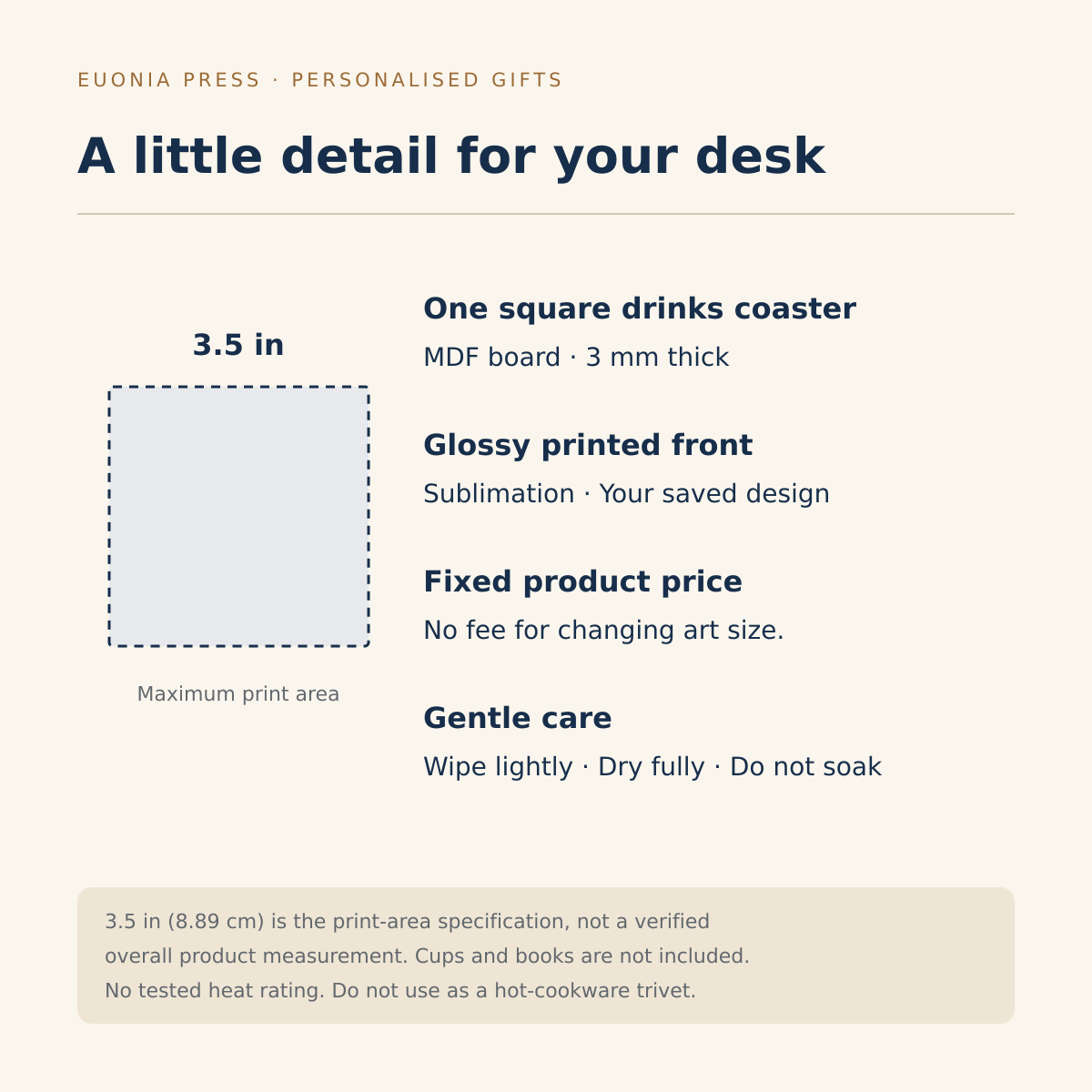 Square MDF coaster specifications and print-area guide